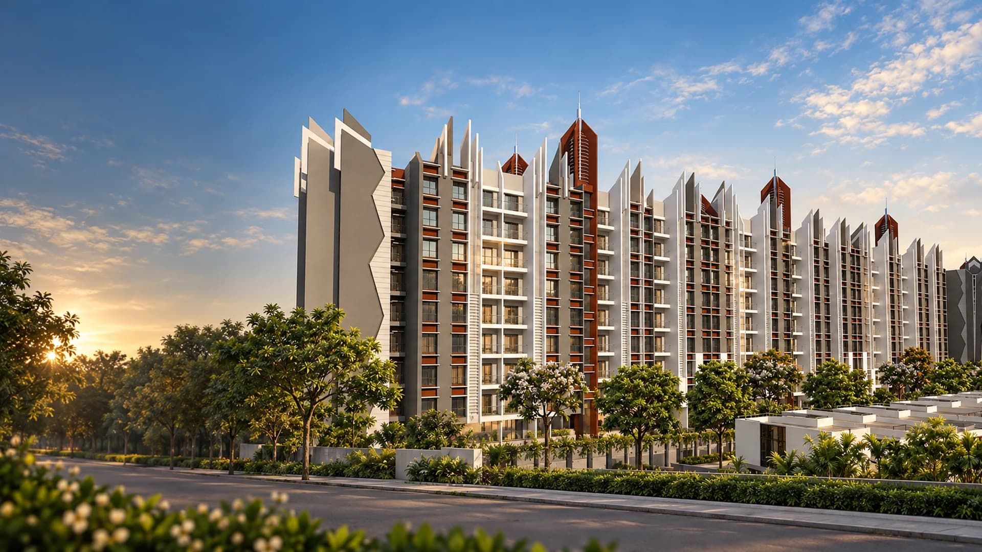 Naya Raipur me modern residential towers, sunset me