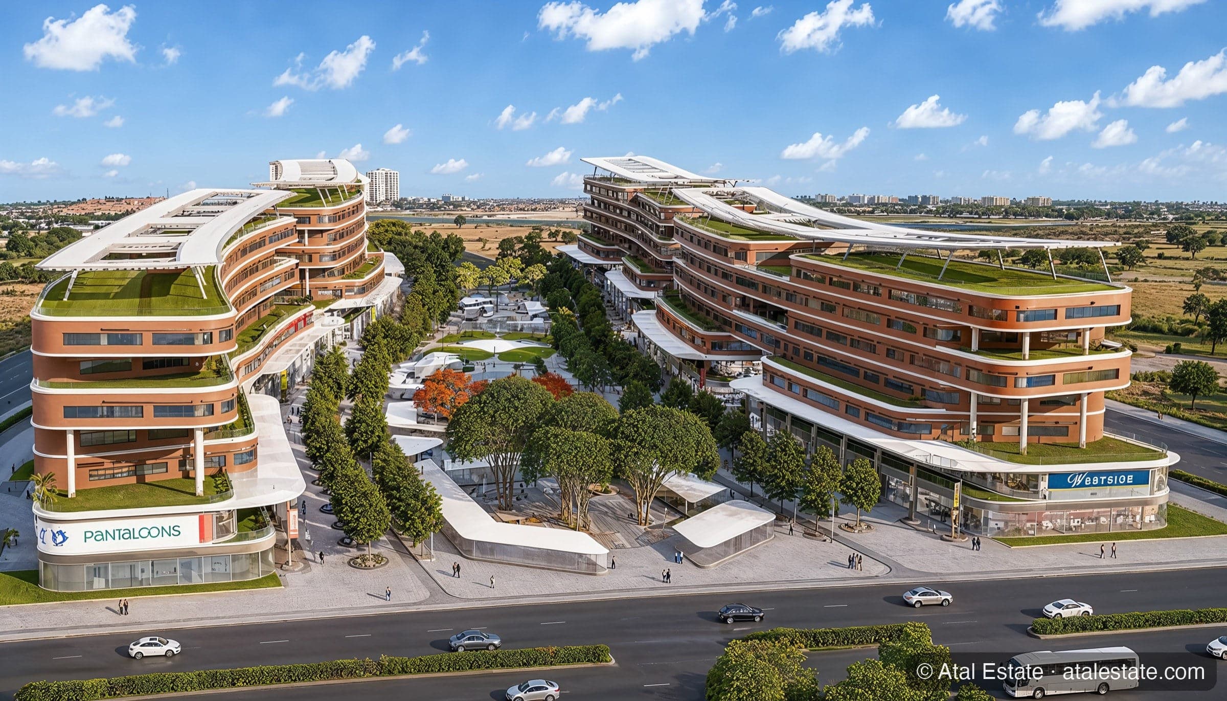 CBD Retail Complex — bird eye view, dono blocks aur central plaza